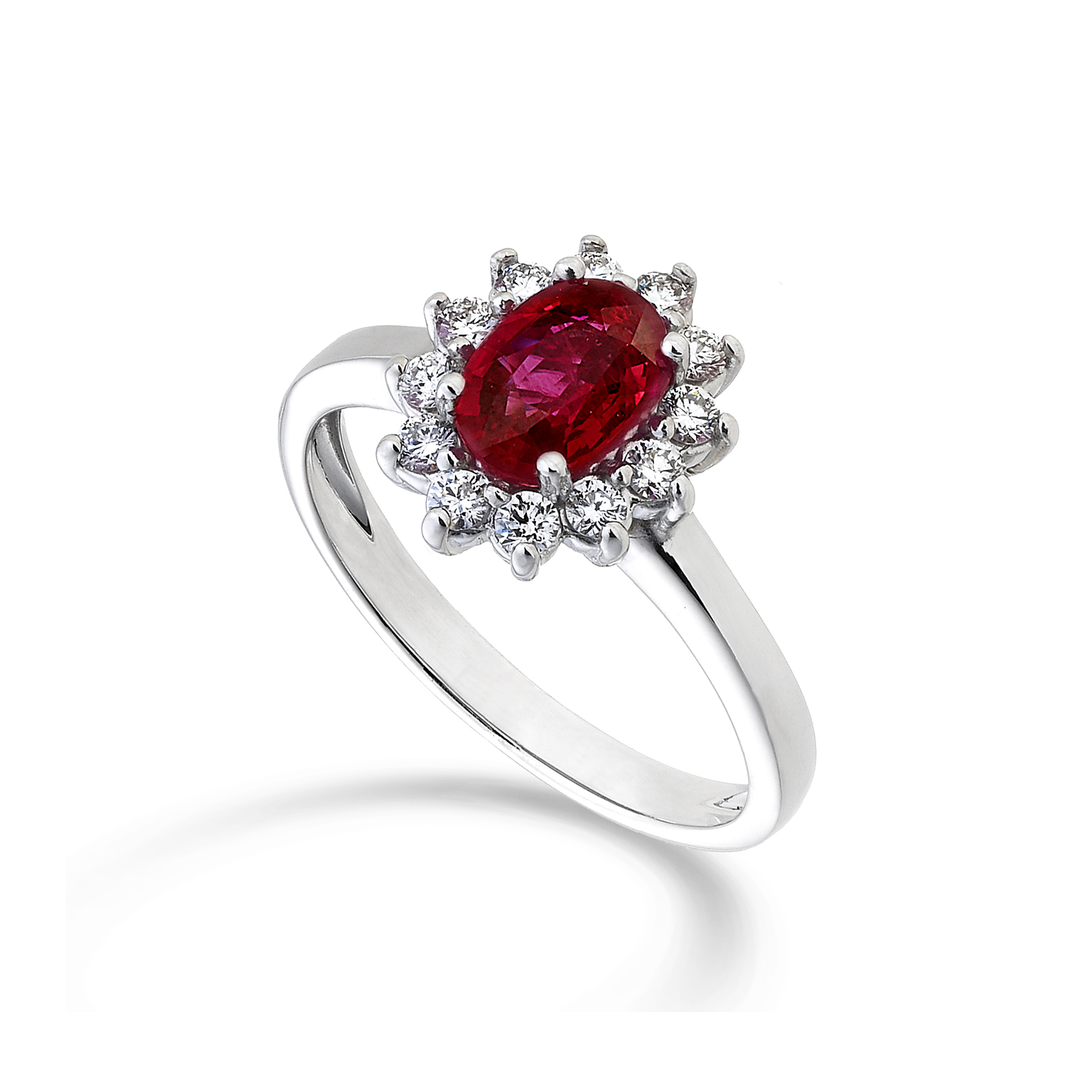 White Gold Ring with 7x5 Natural Oval Ruby and Diamonds