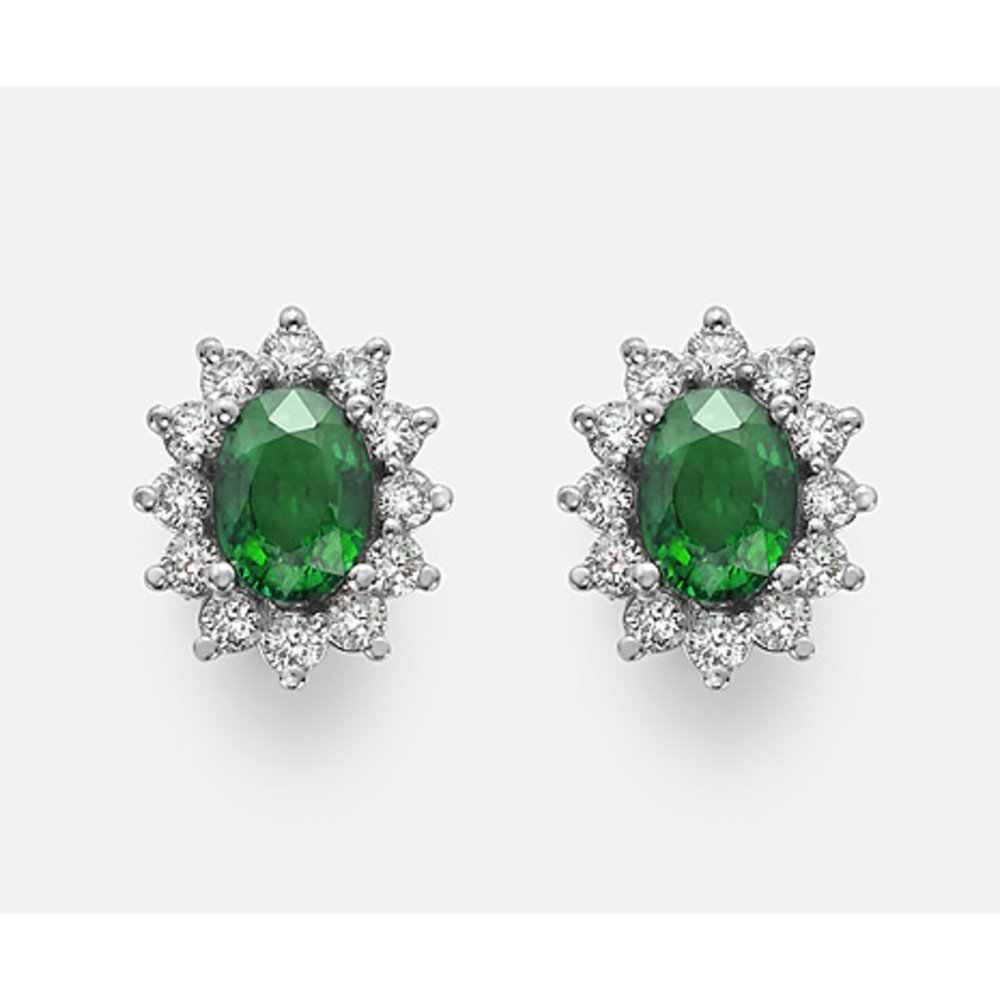 White Gold Earrings with 7x5 Natural Oval Emerald and Diamonds